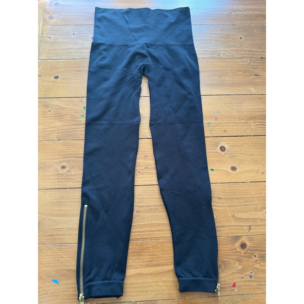 Spanx Black High Waisted Ankle Zip Leggings Size Medium Gold Zipper Compression